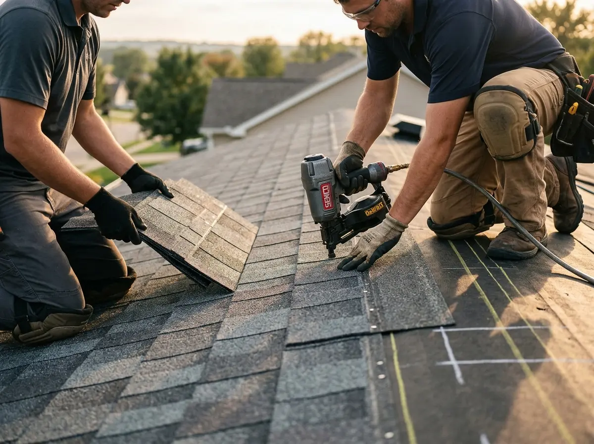 Professional roofer working on a residential roof in Rock Falls